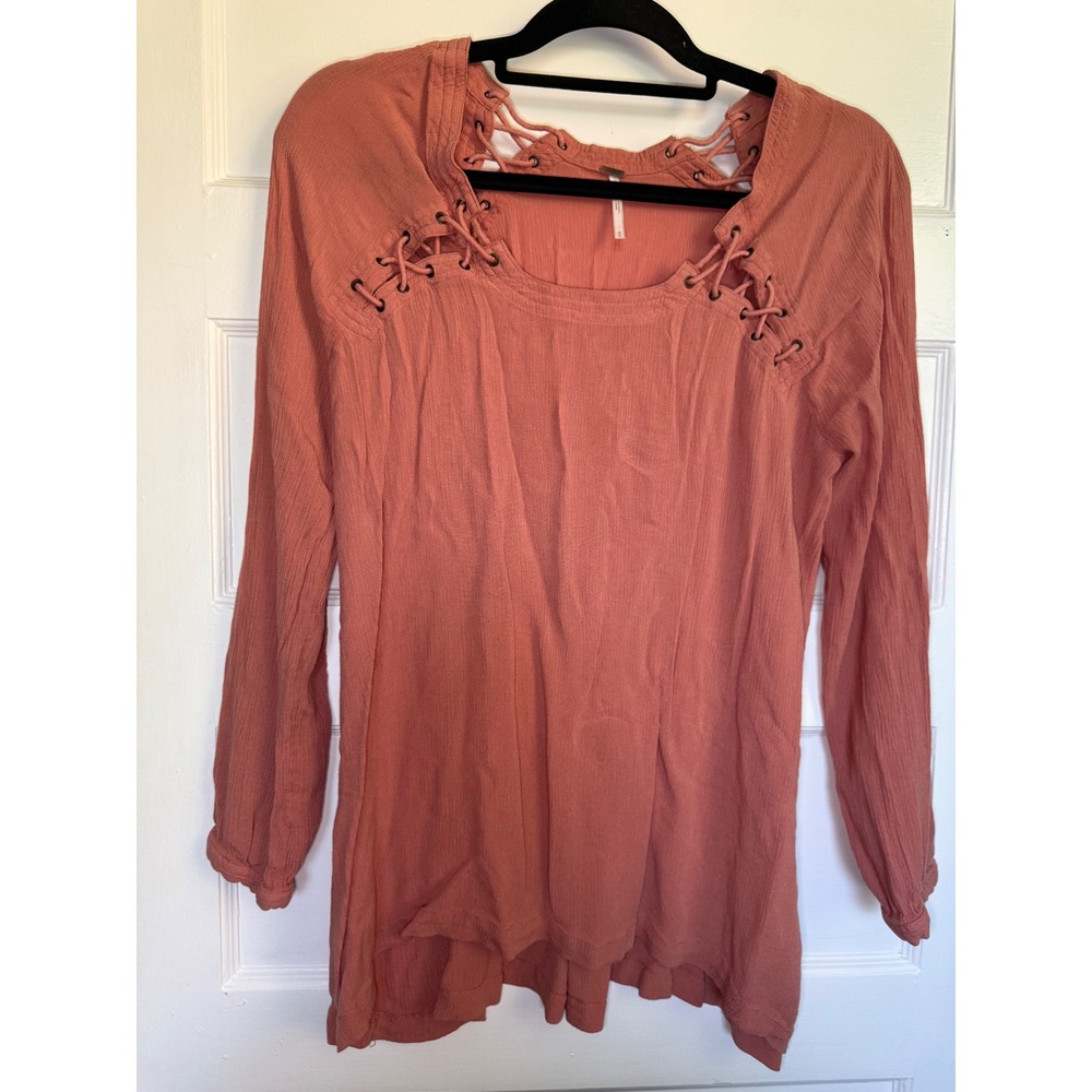 Free People Terracotta Rose Lace Up Shoulder Long Sleeve Gauze Tunic Top M